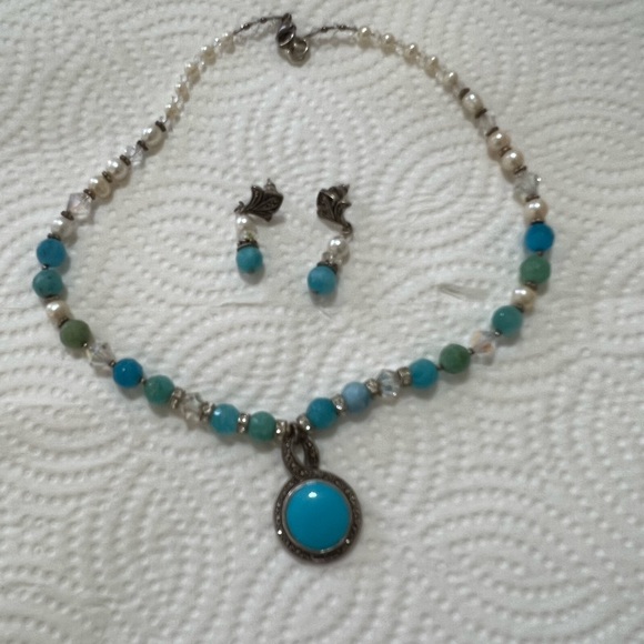 925 Stirring Silver stamped with turquoise set of earring and necklace - Picture 1 of 10